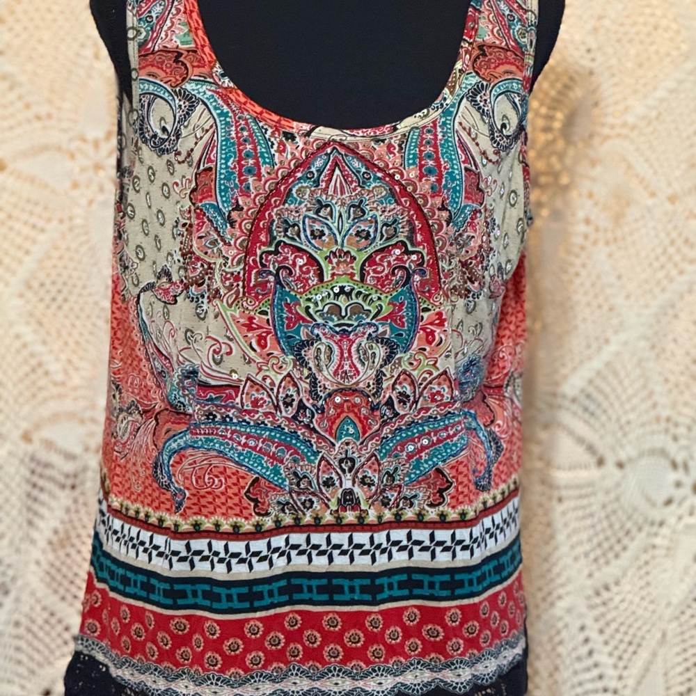 Bila Red and Blue Paisley Tank Top with Rounded Neckline